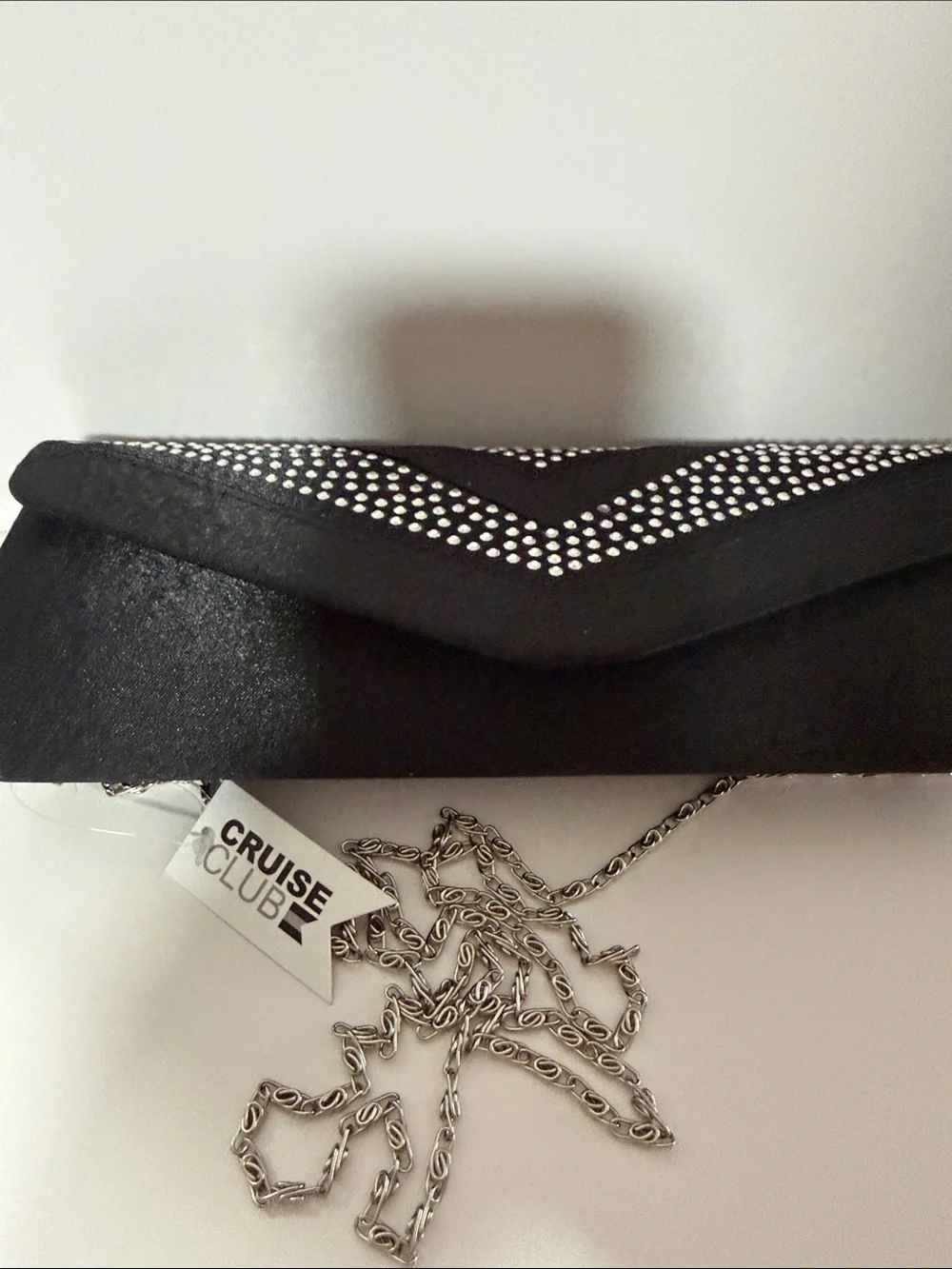 Crystal-Studded Black Evening Clutch with Removable Chain